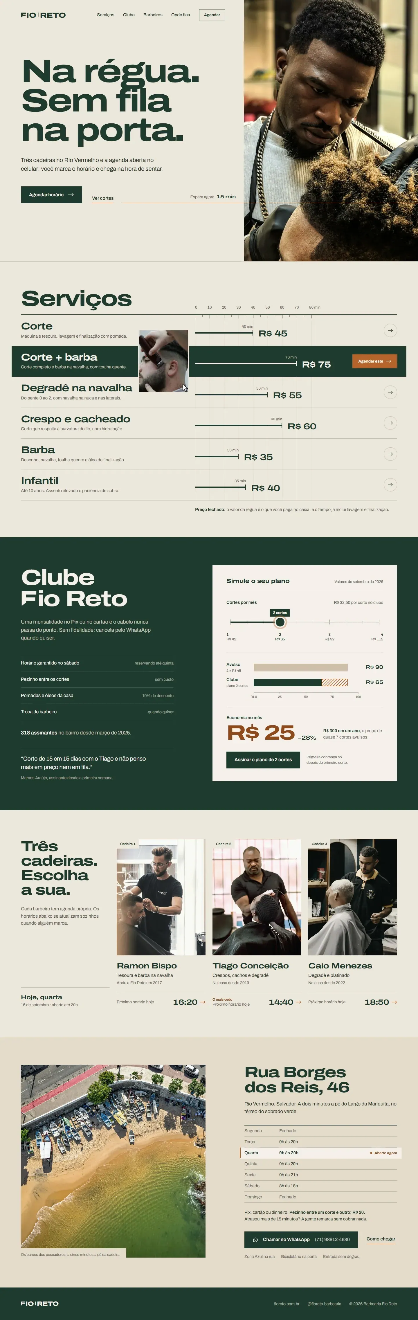 Começo da página do site de Barbearia Fio Reto