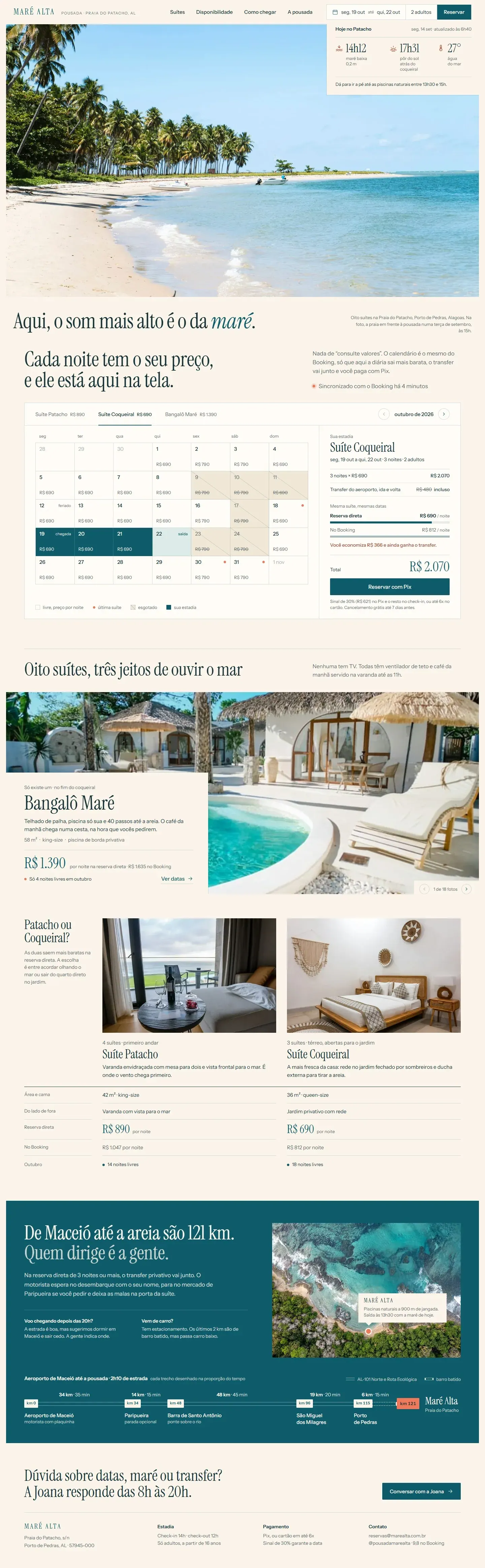 Começo da página do site de Pousada Maré Alta