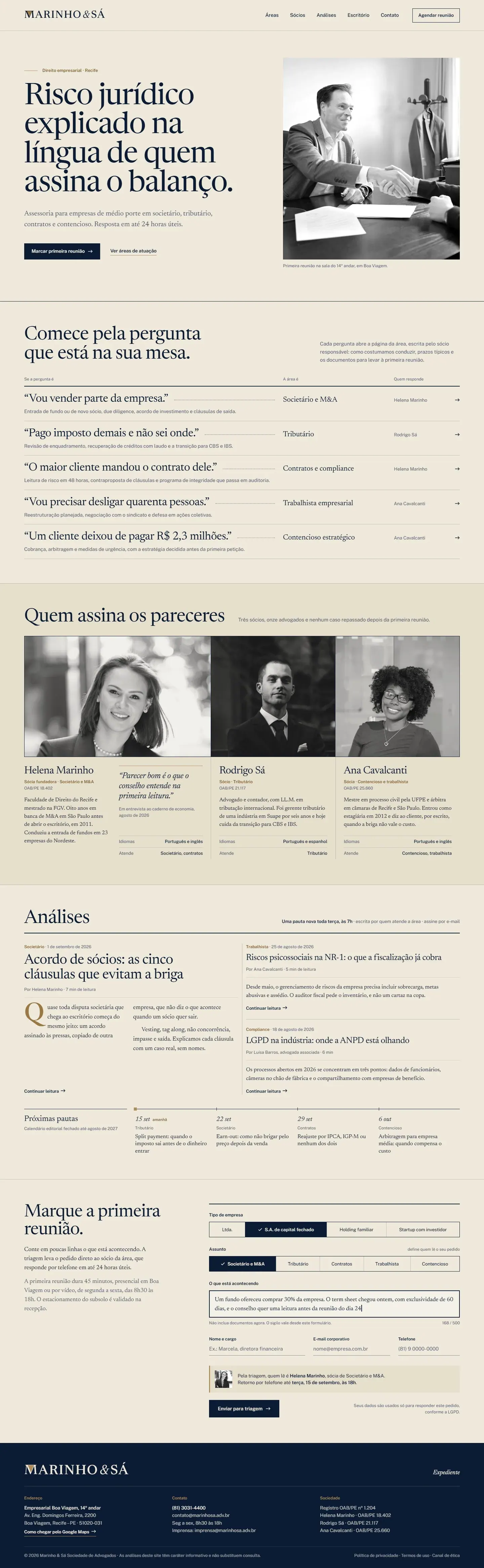 Começo da página do site de Marinho & Sá